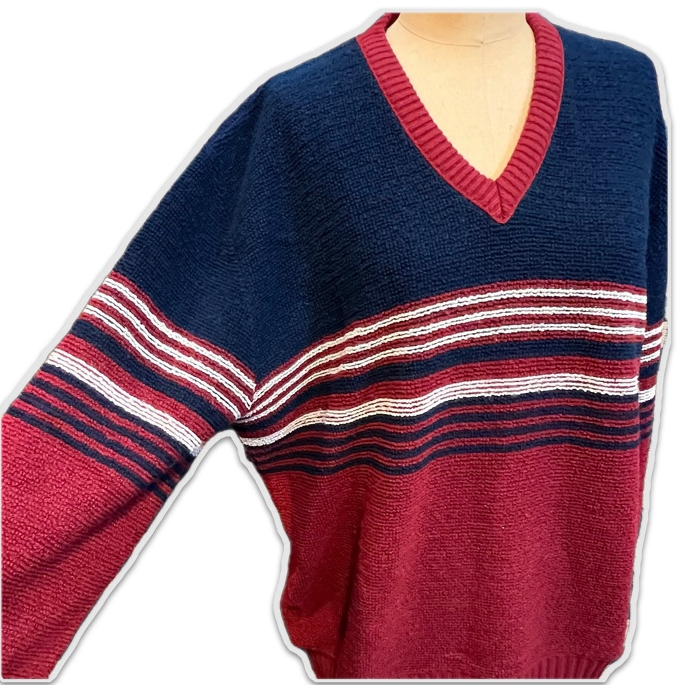 VINTAGE 70s sporty Campus‎ stripe v neck knit sweater textured terrycloth preppy